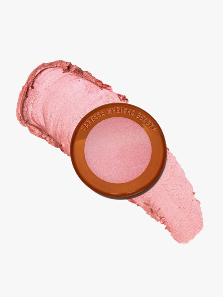 Danessa Myricks Beauty Yummy Skin Blurring Balm Powder Lowlighter Soft Glow Highlighter shimmery pink highlighter balm on light gray background